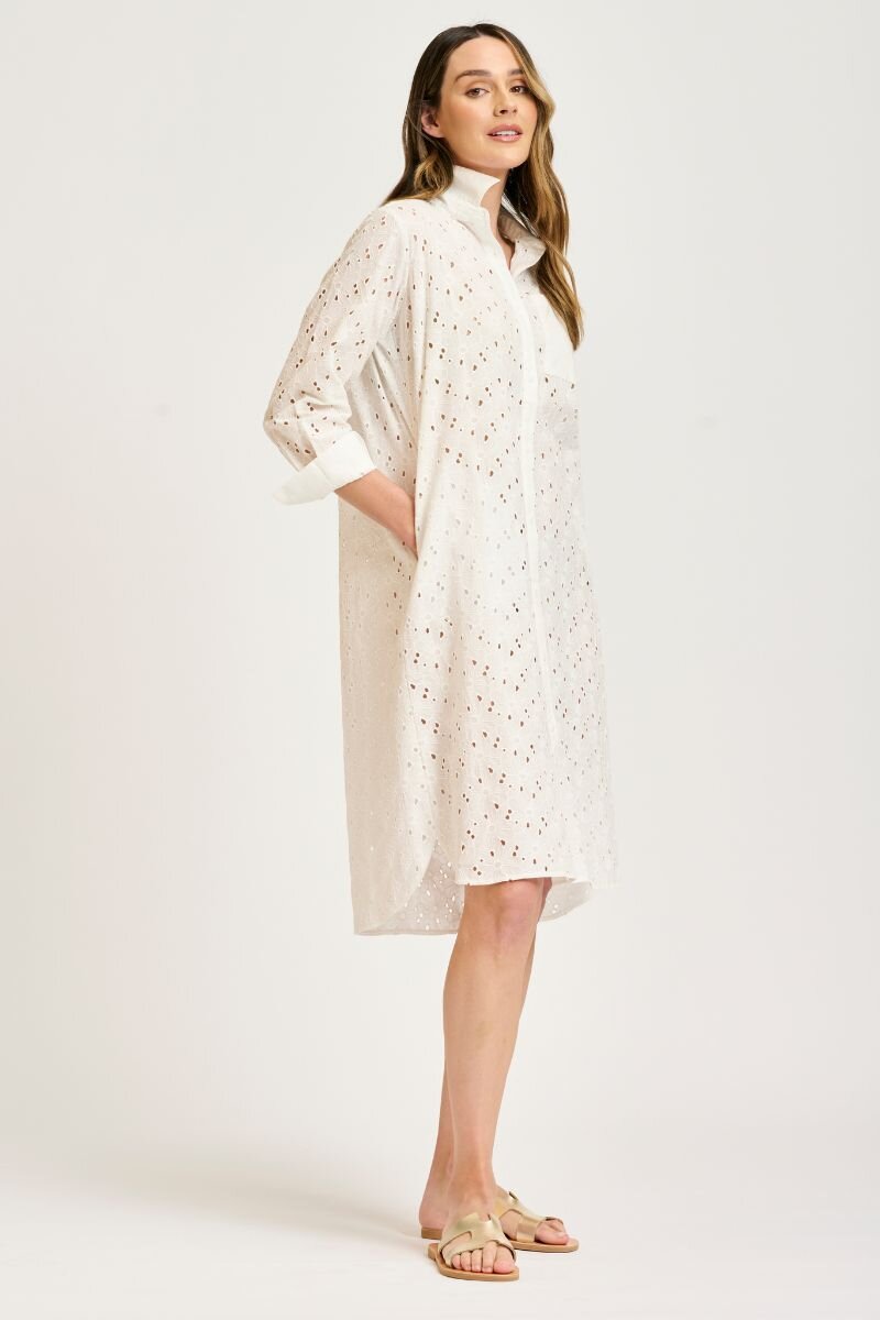 The Gathered Back Shirt Dress Broderie - White